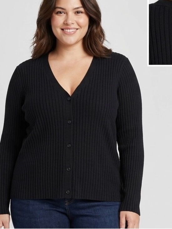 a new day Sweaters - 1X Classic V-Neck Ribbed Button-Front Sweater Cardigan - Black